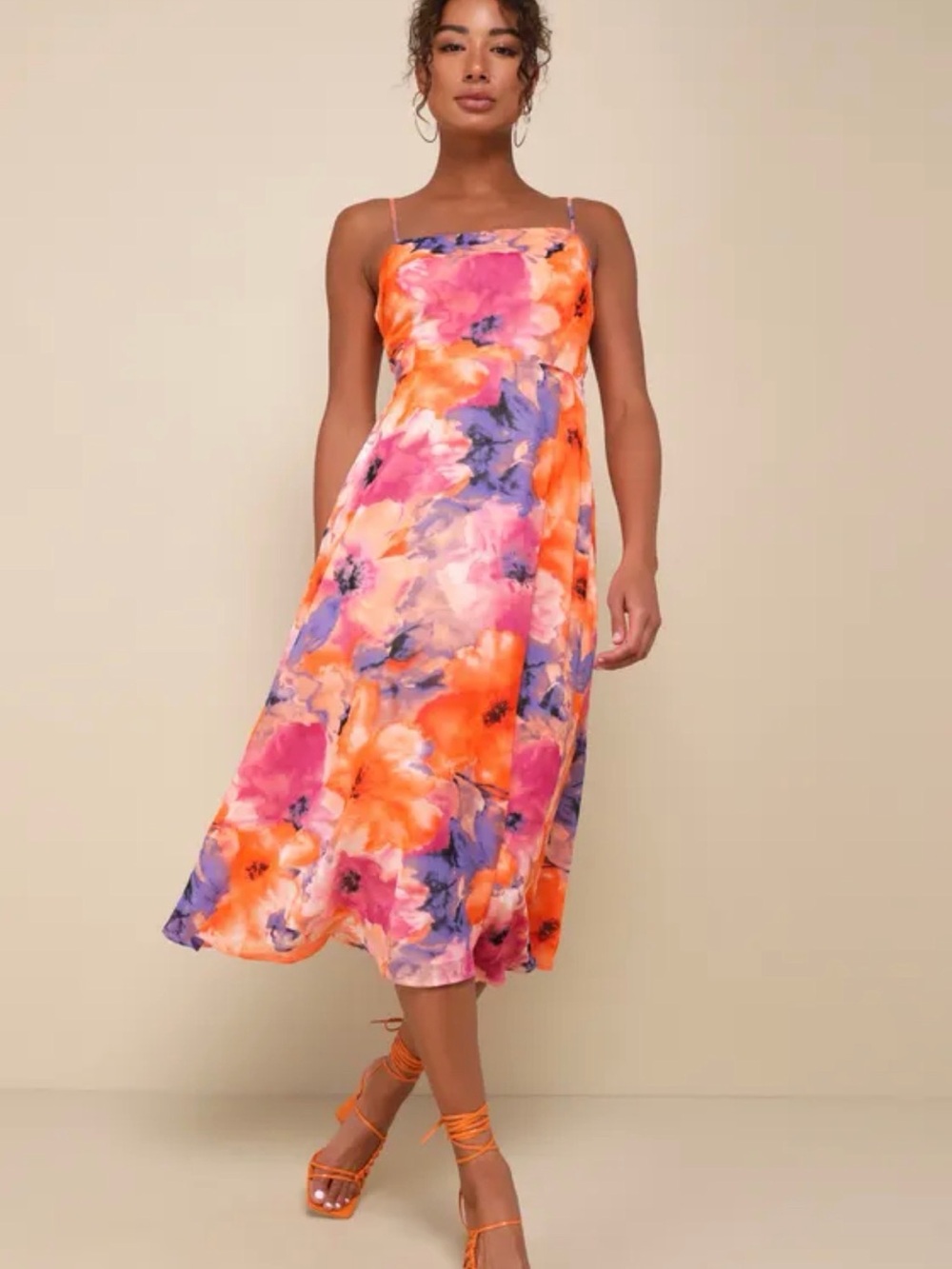 Lulu's Orange Pink & Purple Floral Midi Slip Dress
